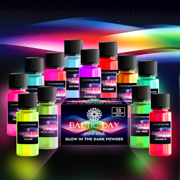 Glow in the Dark Pigment Powder - 12 Luminous Colors x 20 Gram Jars