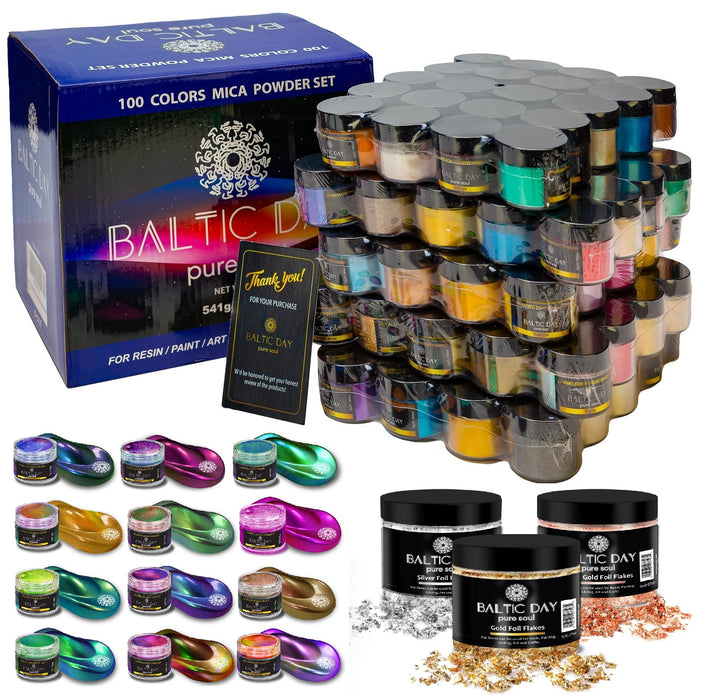 Mica Powder Set – 100 Color Jars of Pigments Including 10 Chameleon Powder [10g Jars] and Metallic Foil Flakes